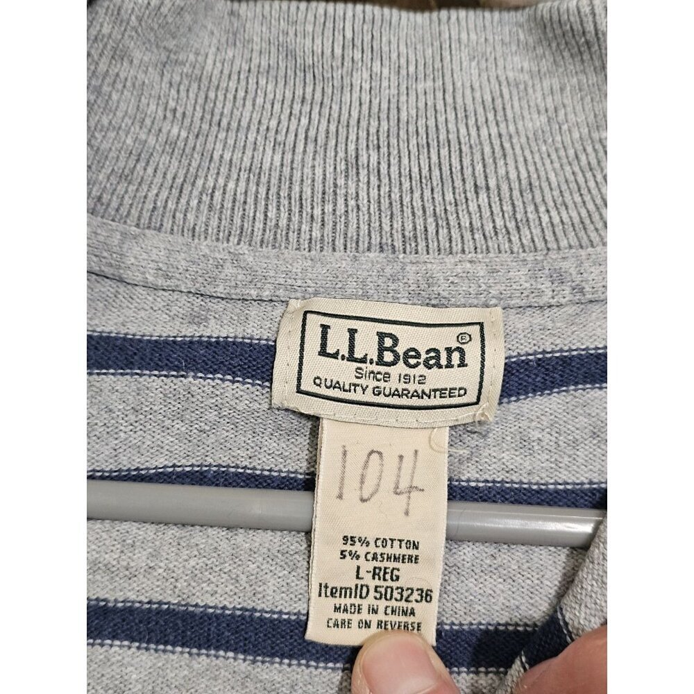 L.L. Bean Men’s Large Gray Navy Striped Quarter Zip Cotton Cashmere Sweater - Picture 4 of 6